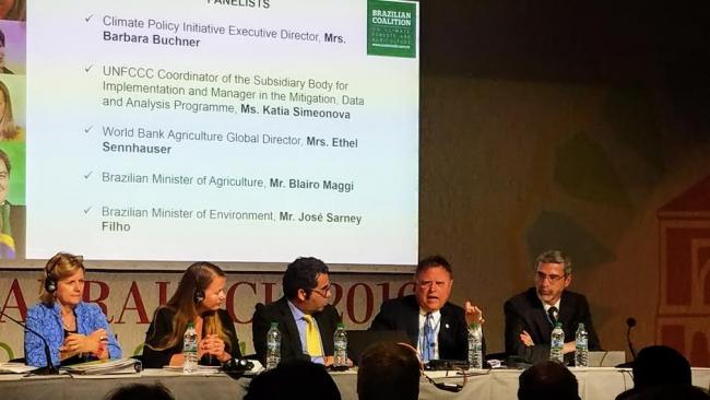 Brazil's Minister of Agriculture, Blario Maggi, responds to audience questions at a COP22 side event sponsored by the Brazilian Coalition. (Photo by Orion Cruz)