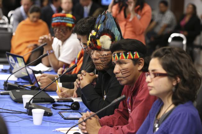 Representatives of CONAIE, Ecuador’s largest indigenous organization, at an October 2013 hearing on free, prior, and informed consultation. (Interamerican Commission on Human Rights / Creative Commons.)