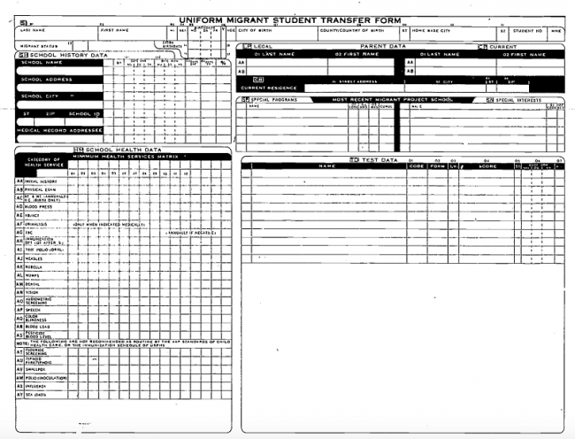 Intake form used to record migrant children and parents' personally-identifying information for entry into the MSRTS. (Photo courtesy of the California Department of Education, Bureau of Community Services and Migrant Education Administrative Files)