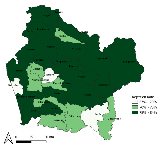 El porcentaje del rechazo en la región de la Araucanía, por municipalidad. Fuente: Source: Servel (Votación Plebiscito Constitucional 2022)