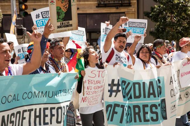 Ruth Alipaz, center, protesting at the Global Climate Action Summit in San Francisco in September 2018. (Guardians of the Forest)