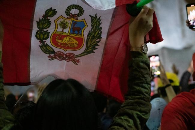 A demonstrator raises a flag during a protest in Lima, Peru, November 17, 2020. (Samantha Hare / Flickr / CC BY 2.0)