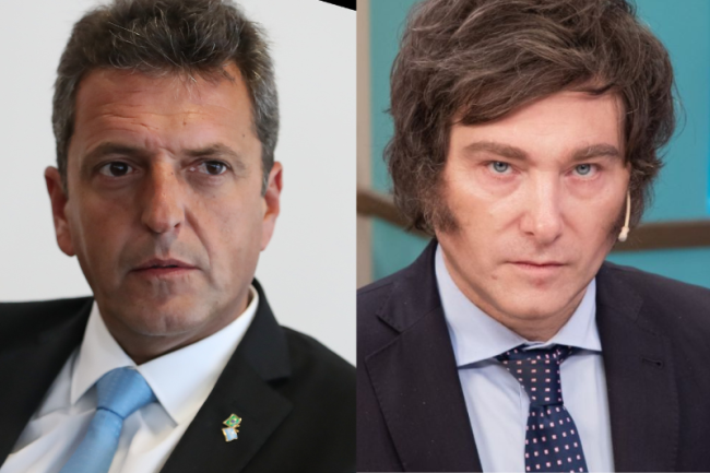 Peronist Sergio Massa and right-wing libertarian Javier Milei will compete for presidency in a Nov 19 runoff. L: Massa (Marcos Corrêa / Palácio do Planalto / Wikimedia Commons / CC BY 4.0 Deed). R: Milei (Ilan Berkenwald / Flickr / CC BY-SA 4.0 Deed)