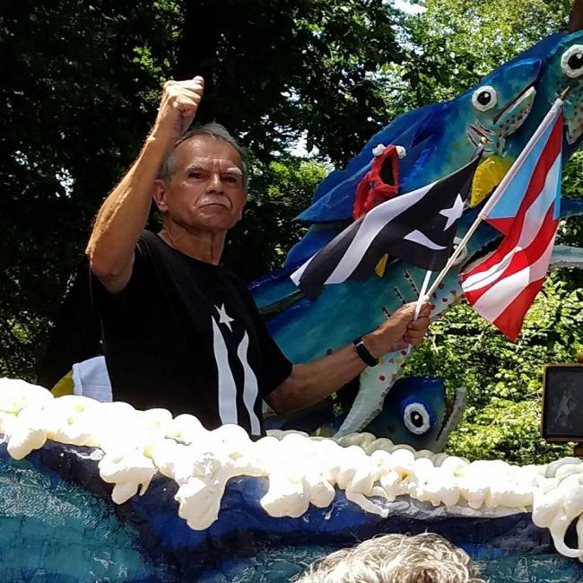 Oscar López Rivera, freed after decades in prison, at this year's Puerto Rican Day Parade (Matt Meyer/Twitter)