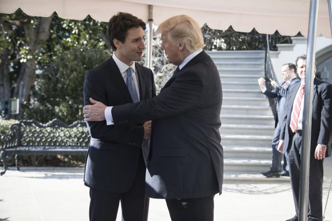 President Donald Trump bids farewell to Canadian Prime Minister Justin Trudeau, Monday, Feb. 13, 2017, at the South Portico of the White House in Washington, D.C. (Shealah Craighead/Wikipedia Commons)