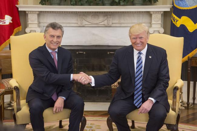 President Donald Trump with Argentine President Mauricio Macri in Washington in April (Wikimedia Commons)