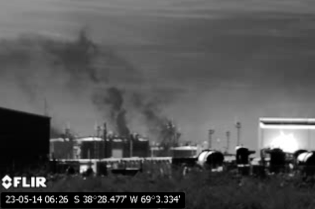 Optical gas images from a site in Tecpetrol's Fortin de Piedra oil and gas field reveals methane and volatile organic compounds not seen with the naked eye. (Patricia Rodríguez / Earthworks)