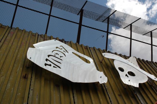 The U.S.-Mexico border wall in Nogales, Sonora, looking toward Nogales, Arizona. (Photo by Mizue Aizeki)