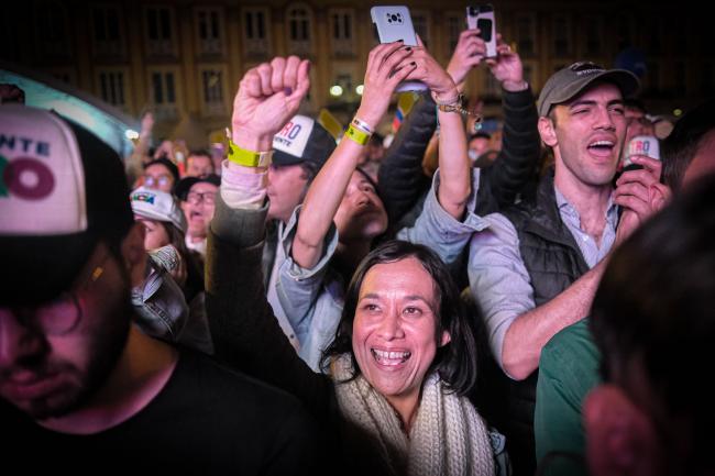 Supporters of the Pacto Historico coalition at the closing event of the Petro-Márquez campaign in Bogotá. (Daniela Díaz)