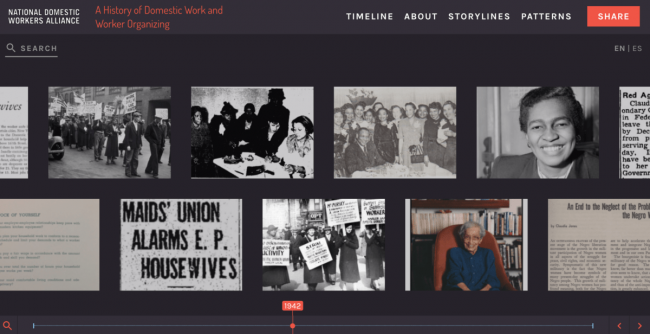 Una foto de pantalla de la cronología digital que está siendo creada por la Alianza Nacional de Trabajadoras del Hogar. (Cortesía de Michelle Joffroy, Jennifer Guglielmo y Diana Sierra Becerra.)