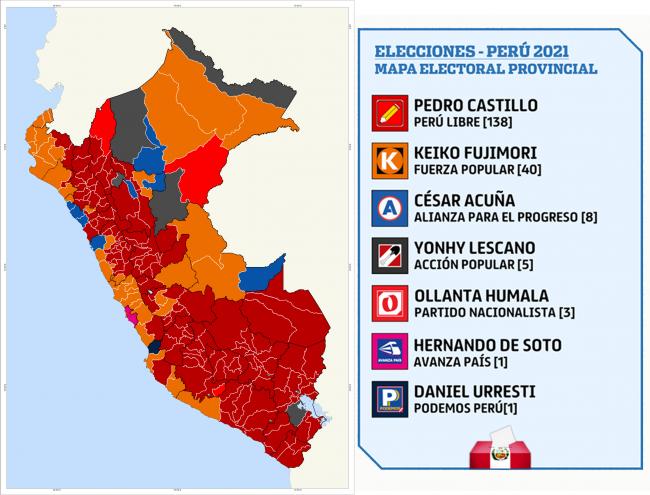 Election results in Peru's 2021 first round vote by region. (Dvj16 / CC0)