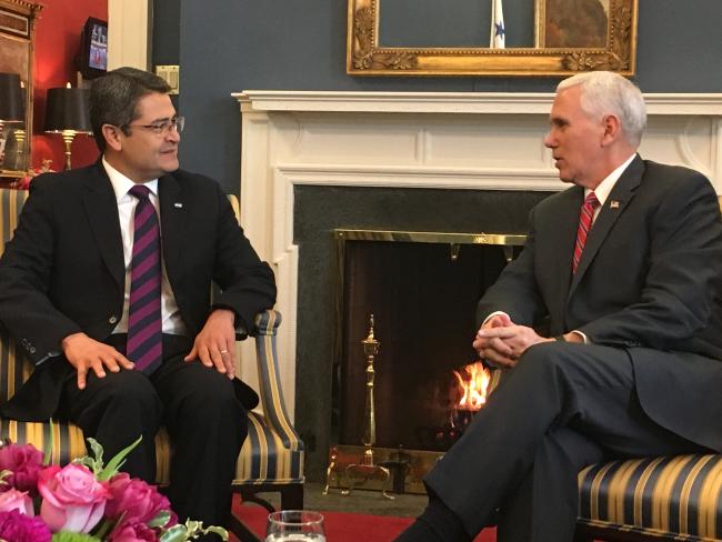 JOH and the Trump Administration's Vice President Mike Pence at a meeting in the White House to discuss the promotion of security and democracy in Central America. March 2017. (Office of U.S. Vice President / Public Domain)