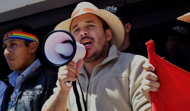 FECAOL leader Richard Intriago speaking in Quito during the protests in October 2019. (Photo courtesy of FECAOL)