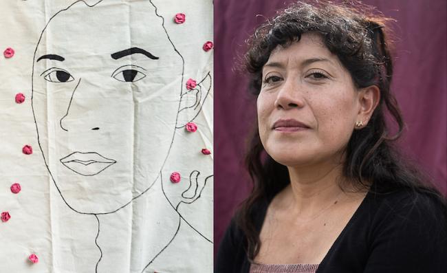 Retrato bordado de Lesvy Berlín Rivera Osorio junto al retrato de su madre Araceli Osorio. (María Ruiz)