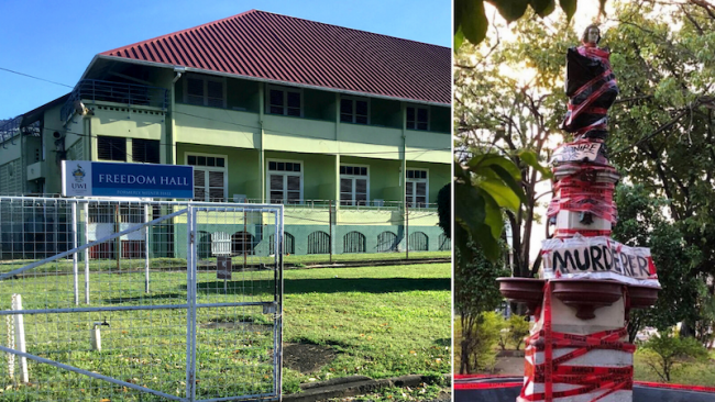 Left: Freedom Hall at UWI, St. Augustine Campus. (Gelien Matthews) | Right: The Christopher Columbus statue in Tamarind Square, Port-of-Spain, Trinidad and Tobago, covered in tape and a sign reading 