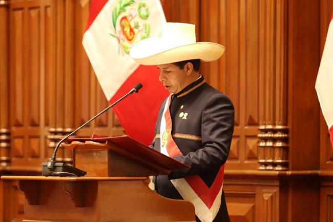 Pedro Castillo toma protesta como presidente de Perú, 27 de julio, 2021. (Pedro Castillo, Twitter)